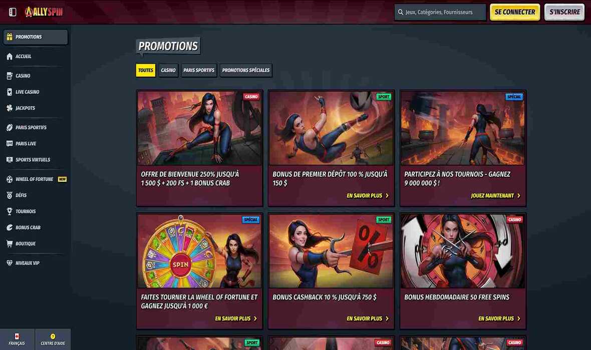 Page des promotions d'AllySpin Casino.