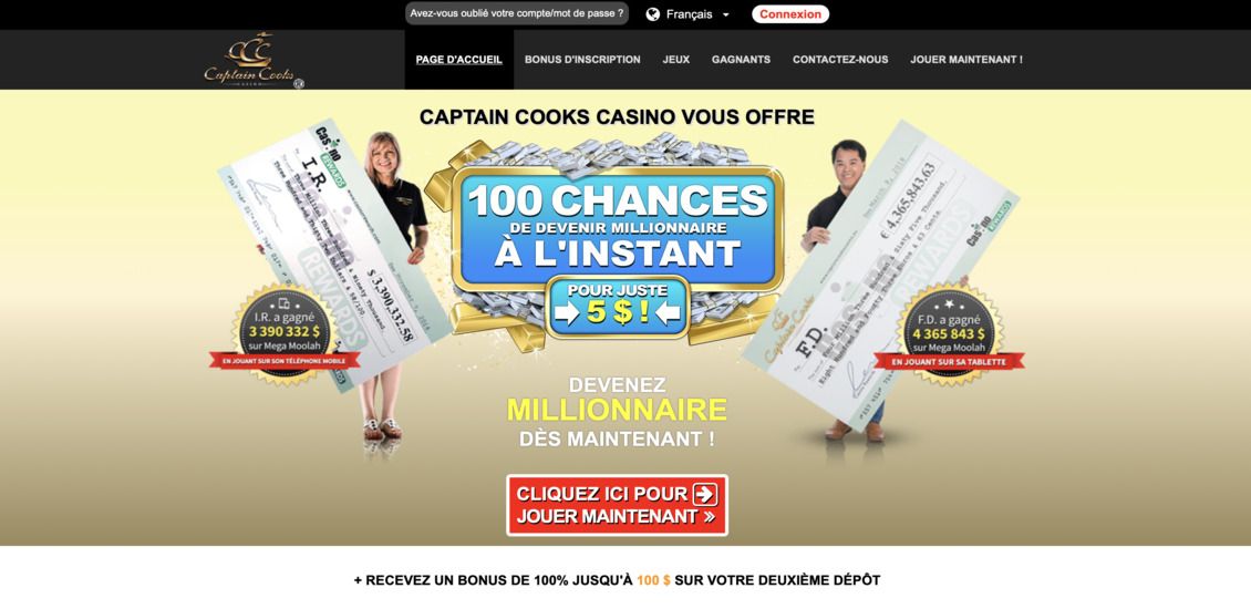 Page d'accueil du casino Captain Cooks