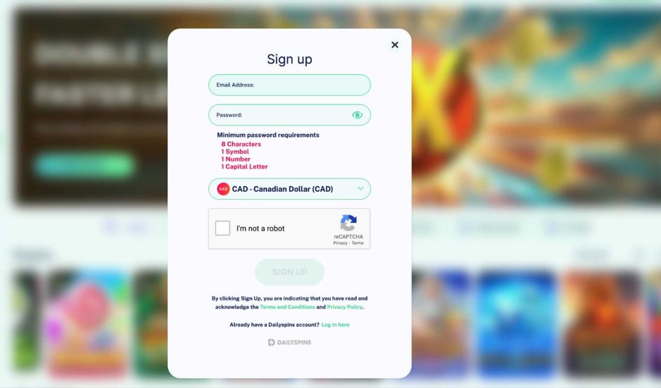 Dailyspins - Step 2 of the Registration Process