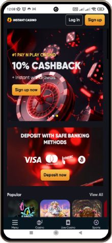 Mobile view of the main page of Instant Casino