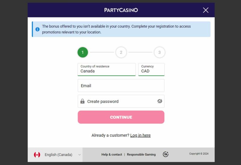 party casino registration procedure, step 2