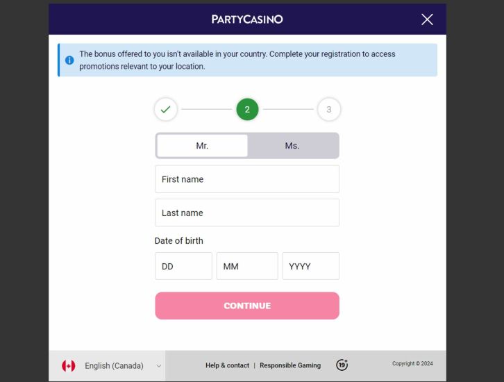 party casino registration procedure, step 3