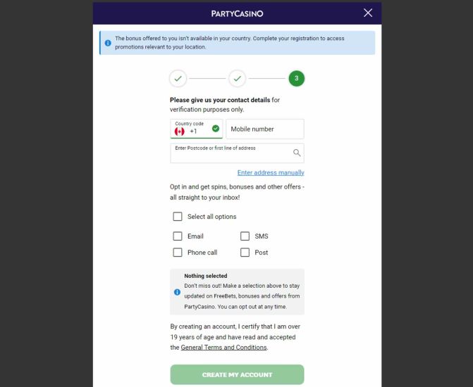 party casino registration procedure, step 4