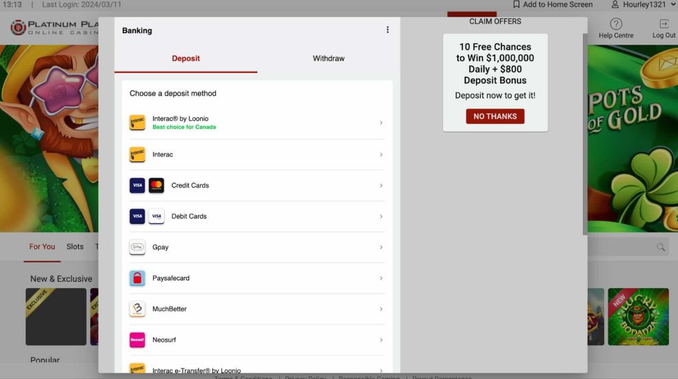 Once registered, we explored the payment section to uncover which payment options the casino offers, including Interac, credit and debit cards, Google and Apple Pay, Paysafecard, MuchBetter, Neosurf, Flexepin, iDebit, Payz, Flexepin, cryptocurrencies, and Bank Transfers. The  <strong>minimum deposit is C$5</strong> , while withdrawals start at C$10. Weekly withdrawal limits can reach up to C$4,000 if the deposit has not been wagered five times. The  <strong>average withdrawal processing time is between 24 to 48 hours</strong> , except for bank transfers, which may take 5 to 7 business days.
