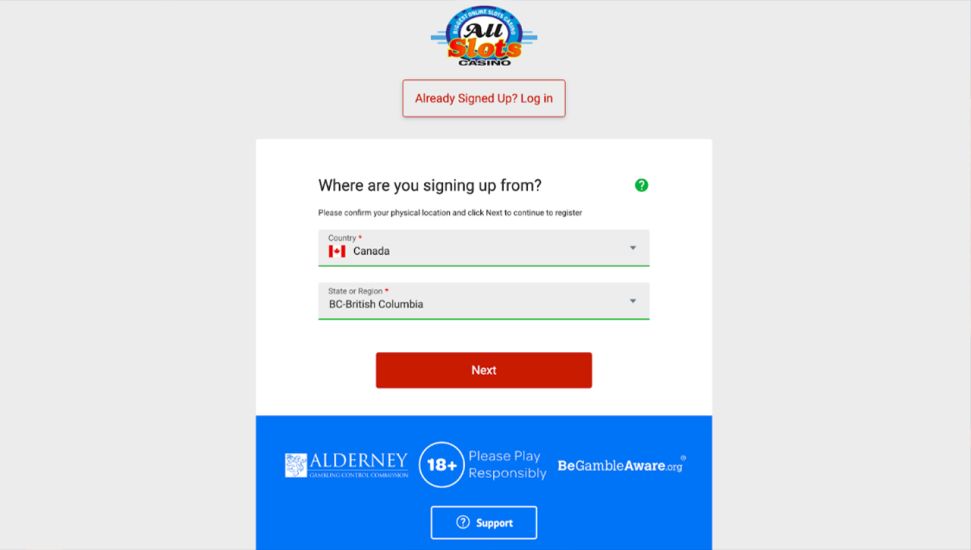 All Slots casino - step 2 of the registration procedure