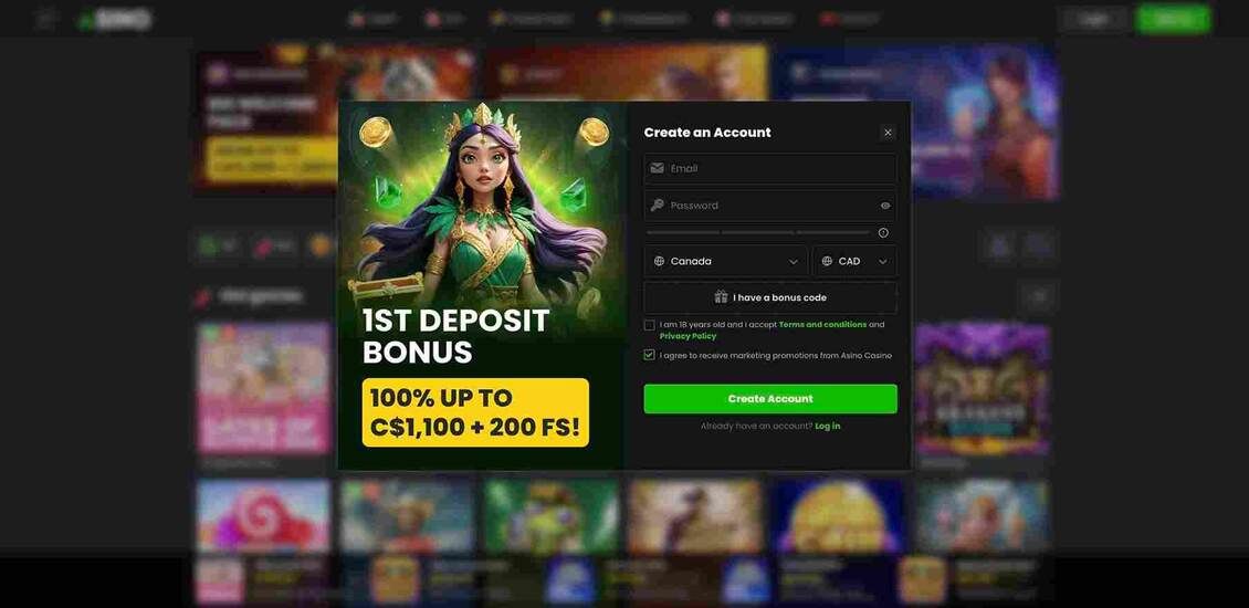 Screenshot of the second step in the Asino Casino registration process