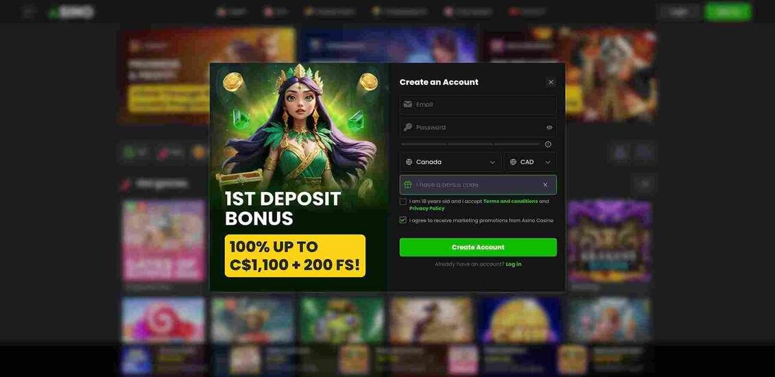 Screenshot of the third step in the Asino Casino registration process