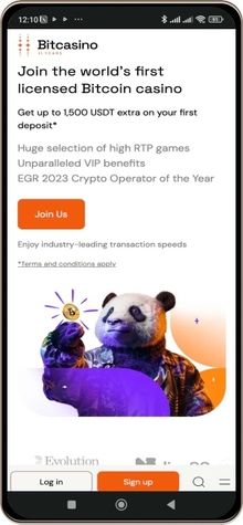 Screenshot of Bitcasino’s main page on a mobile device.