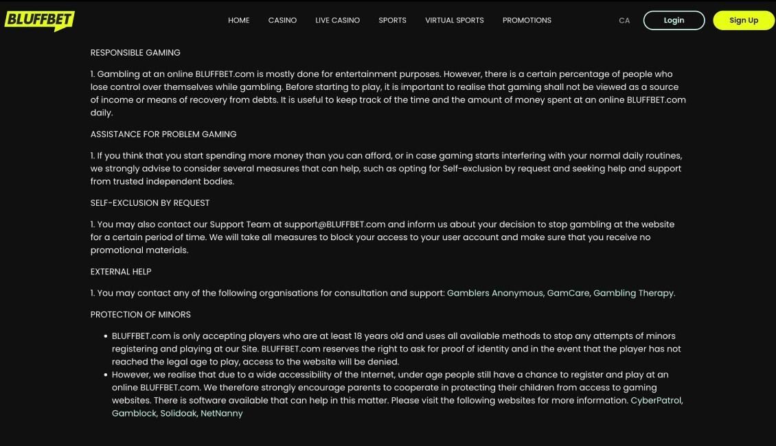 Bluffbet Casino is committed to responsible gambling practices, although the site lacks automatic features for limiting access to gambling. Therefore, players must reach out to the support team via online chat or by emailing support@bluffbet.com for assistance.