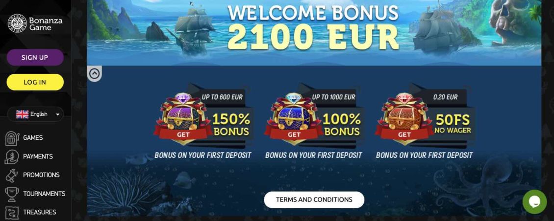 Bonuses section available on the BonanzaGame Casino website