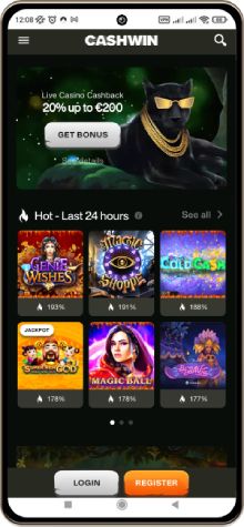 A mobile screenshot showing the main page of Cashwin Casino.