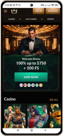 Mobile snapshot showcasing the main page of CrownPlay Casino