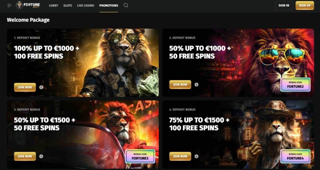 New players making the first four deposits of at least C$30 can receive a FortunePlay bonus of up to C$5,000 plus 300 FS upon registering. The second to fourth deposits require promo codes ‘FORTUNE2’ to ‘FORTUNE4’. This bonus comes with a 40x wagering requirement.