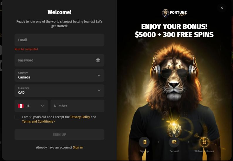 Screenshot illustrating the second step of the registration process at FortunePlay Casino