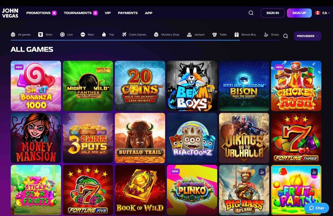Overview of game offerings at JohnVegas Casino