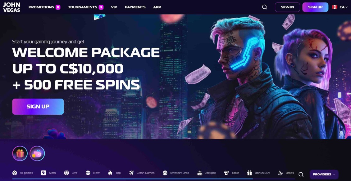 Visual representation of the homepage of JohnVegas Casino