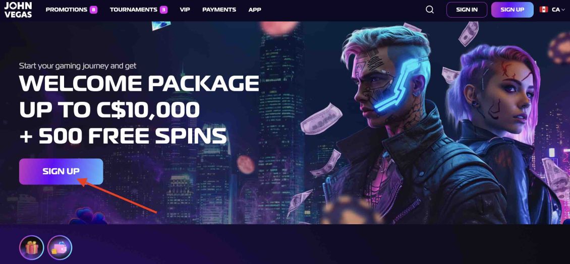 Screenshot showcasing the signup process at JohnVegas Casino - step 1