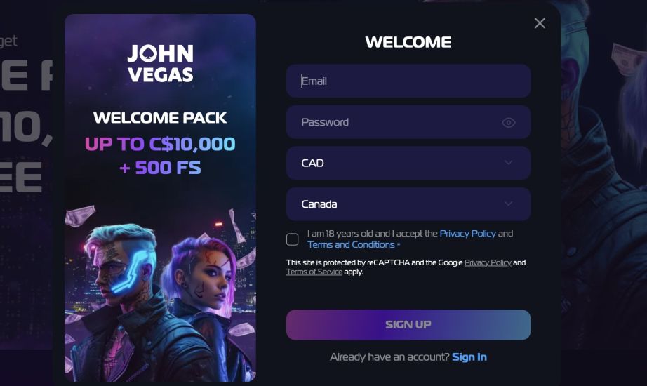 Screenshot showcasing the signup process at JohnVegas Casino - step 2