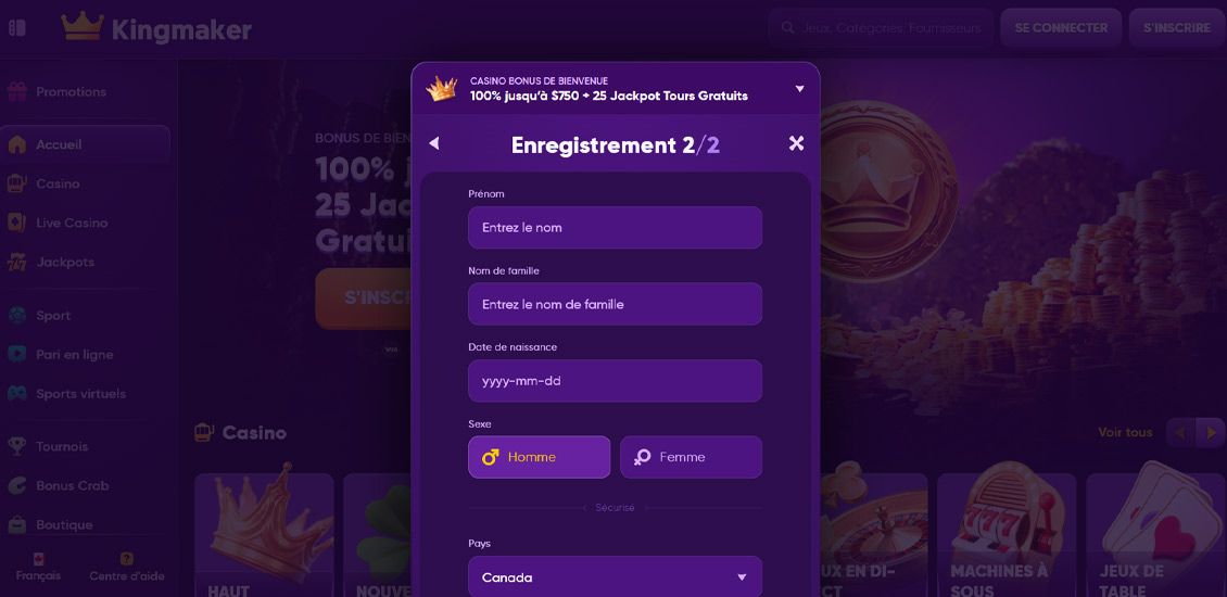 Processus d'inscription au Kingmaker Casino, étape 3