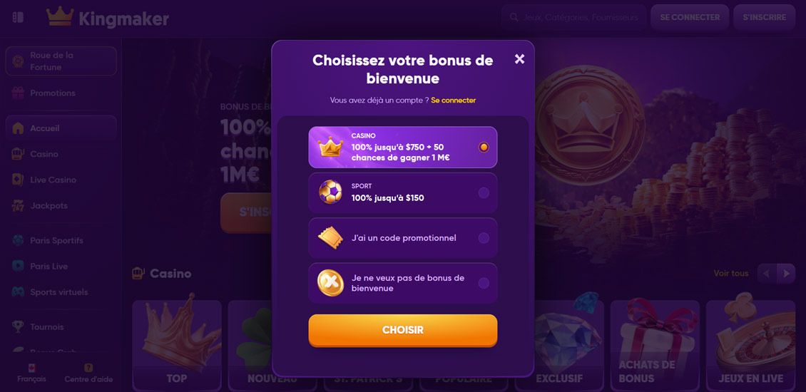 Processus d'inscription au Kingmaker Casino, étape 2