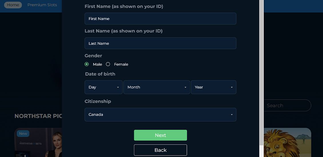Step 3 of NorthStar Casino's registration process